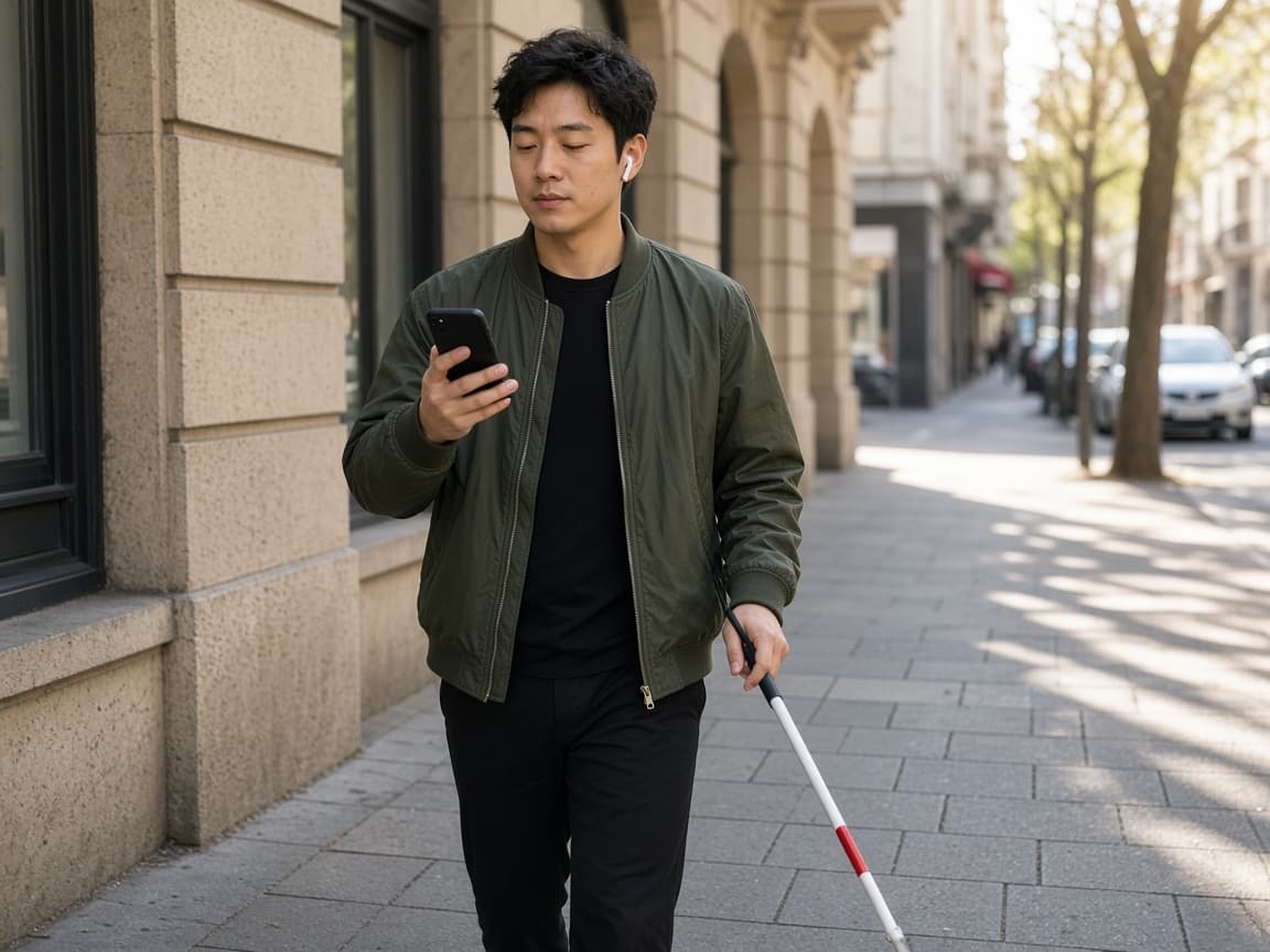 Een jonge blinde man loopt over straat met oortjes en een smartphone